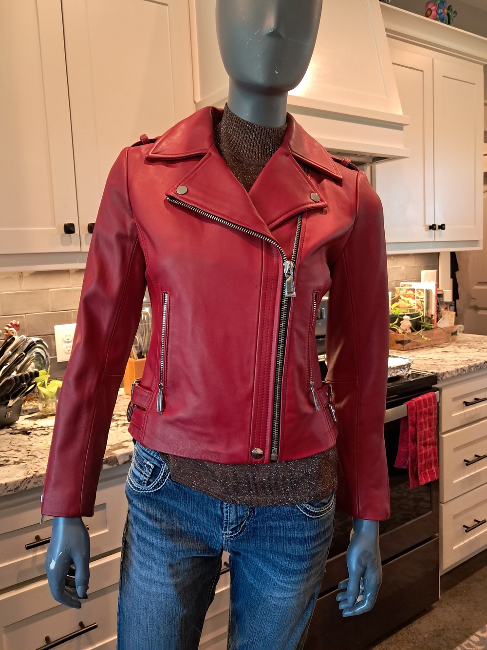 BCBGeneration Red Leather Asymmetrical Moto Jacket